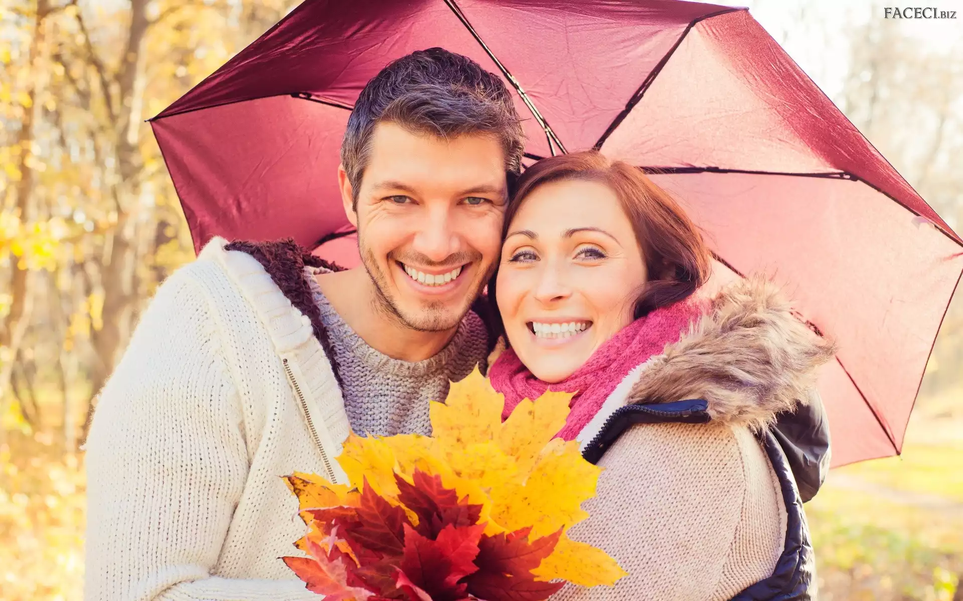 Para, Liście, Uśmiechnięta, Parasol