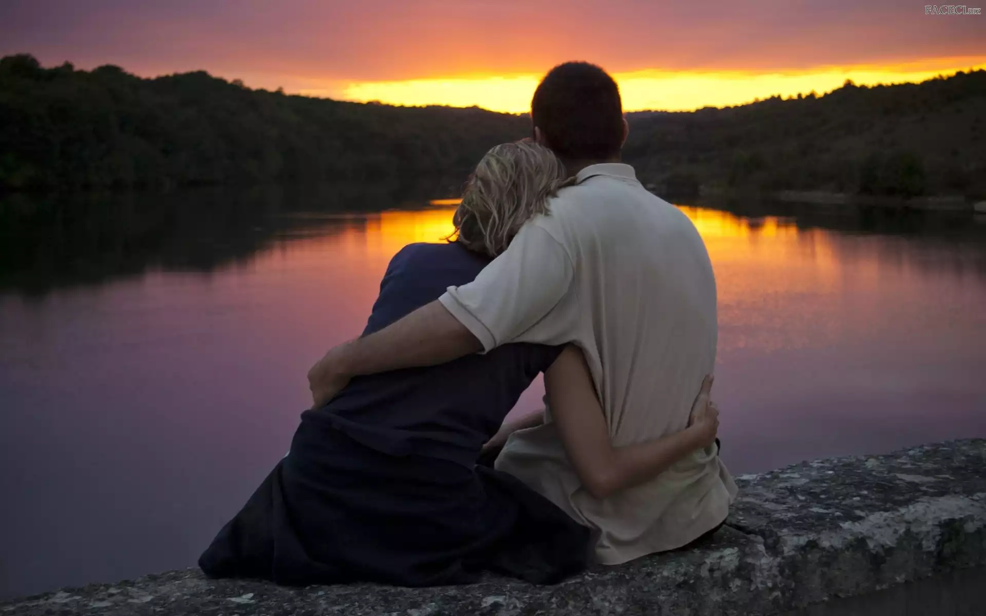 Rzeka, Zakochana, Słońca, Zachód, Para, Most